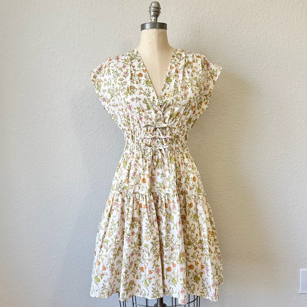DEREK LAM 10 CROSBY Tora Mini Dress Cream Floral Cinched Waist NWT